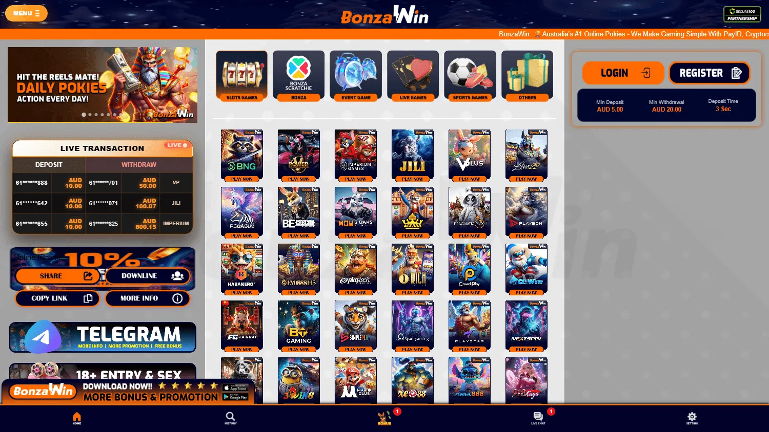 Bonzawin Casino desktop home screen