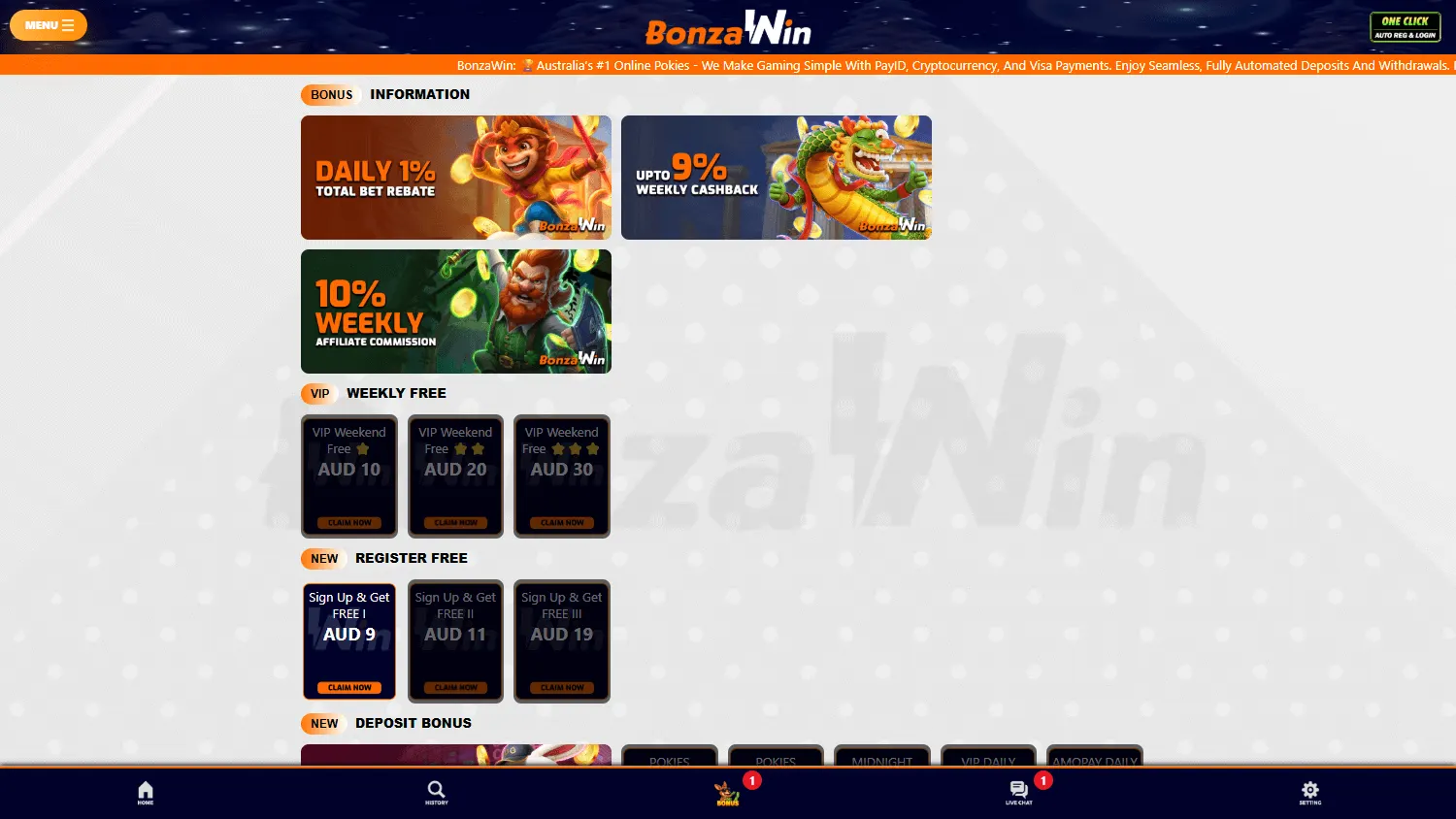 Bonzawin Casino desktop promotions area
