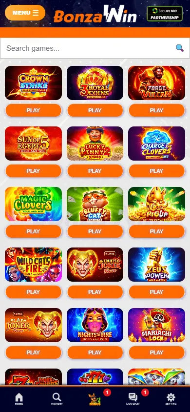Bonzawin Casino mobile games area
