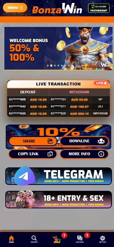 Bonzawin Casino mobile home screen