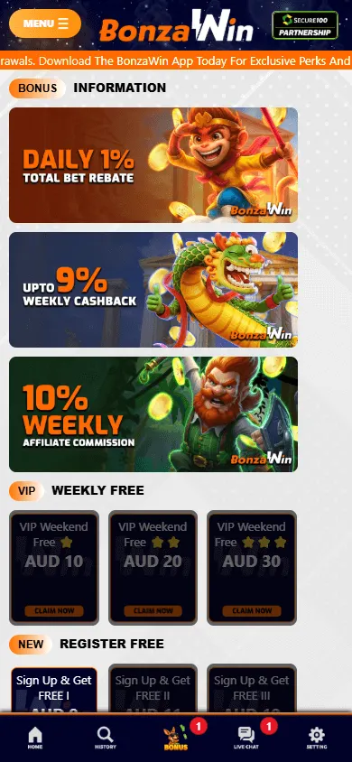 Bonzawin Casino mobile promotions area